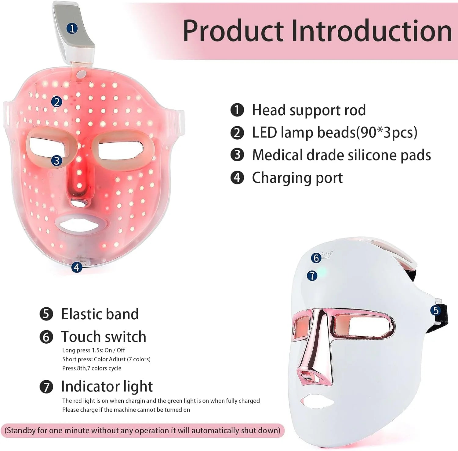 LED Face Mask - 7 Color Light Therapy for Facial Skin Care, Wrinkle Reduction and Acne Improvement