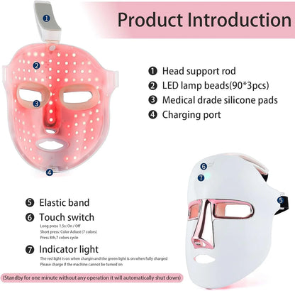 LED Face Mask - 7 Color Light Therapy for Facial Skin Care, Wrinkle Reduction and Acne Improvement